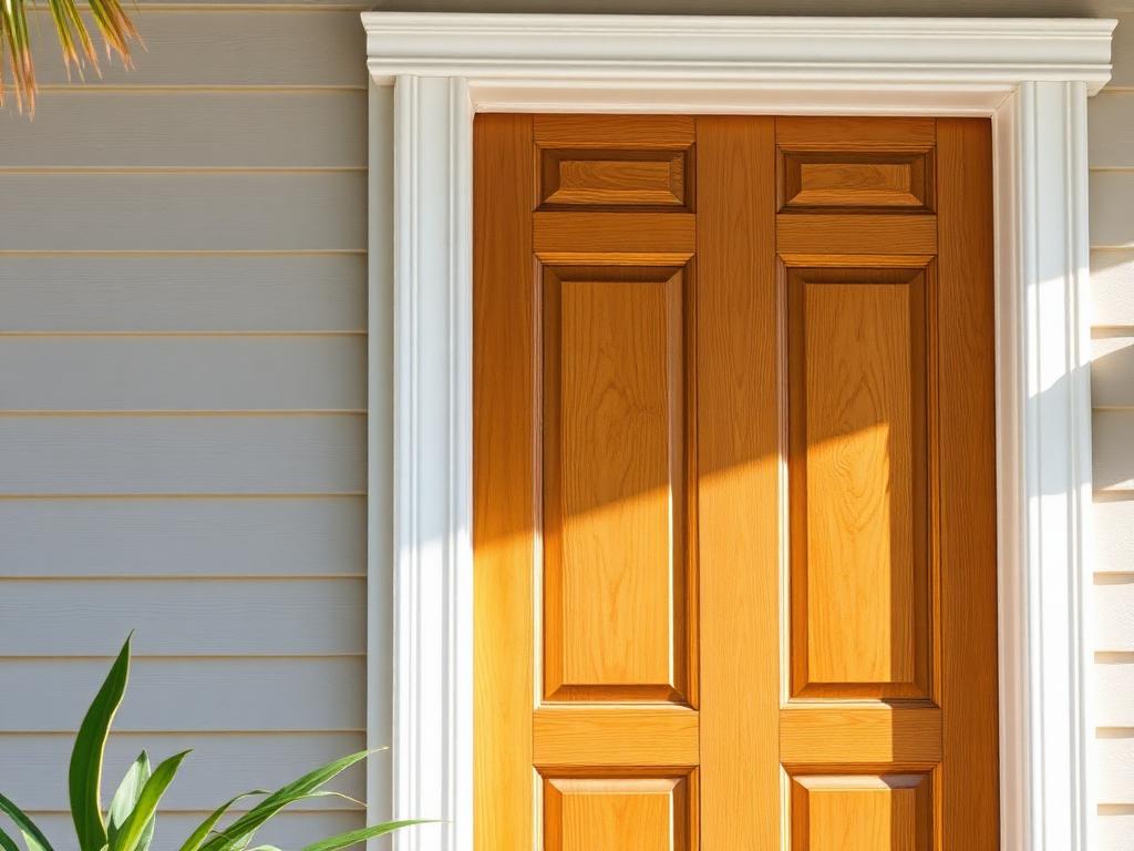Repaired and refinished wood front door with realigned white frame on a Broward County home