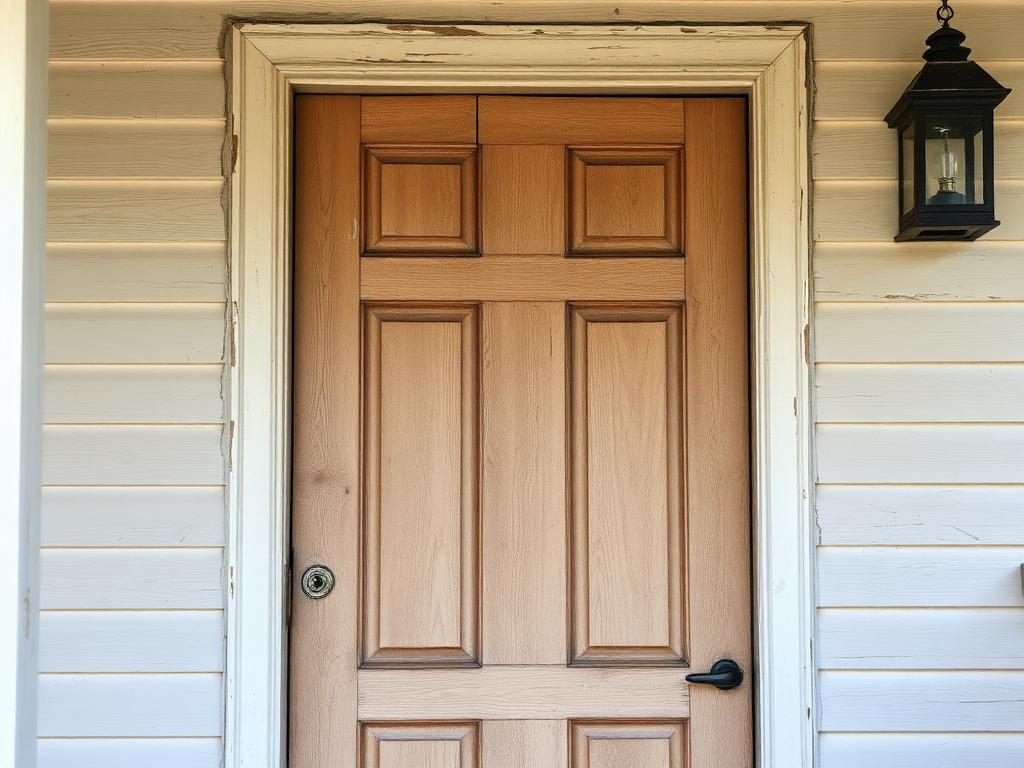 Before repair: a faded wood front door with peeling paint and a misaligned white frame on a Florida home
