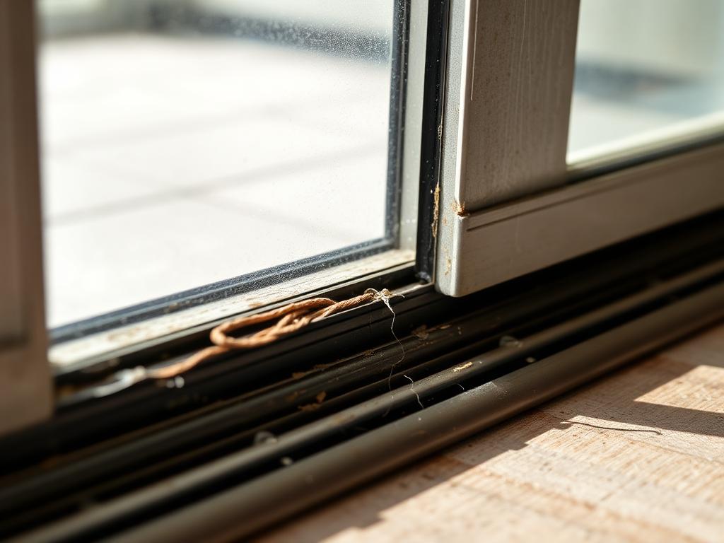 Before repair: a dirty, damaged sliding glass patio door bottom track with debris and worn rollers