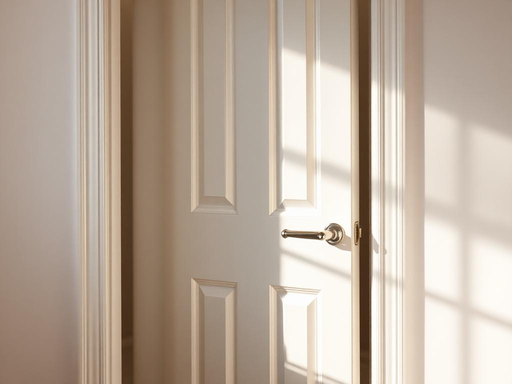 After repair: the same interior door patched, painted white and fitted with a new lever handle