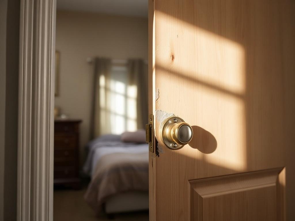 Before repair: an interior bedroom door with chipped surface damage around a loose brass knob