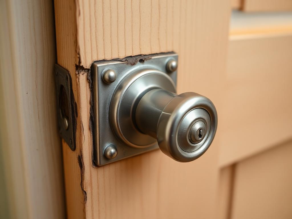 After repair: the rebuilt jamb with a new metal strike plate and aligned deadbolt hardware