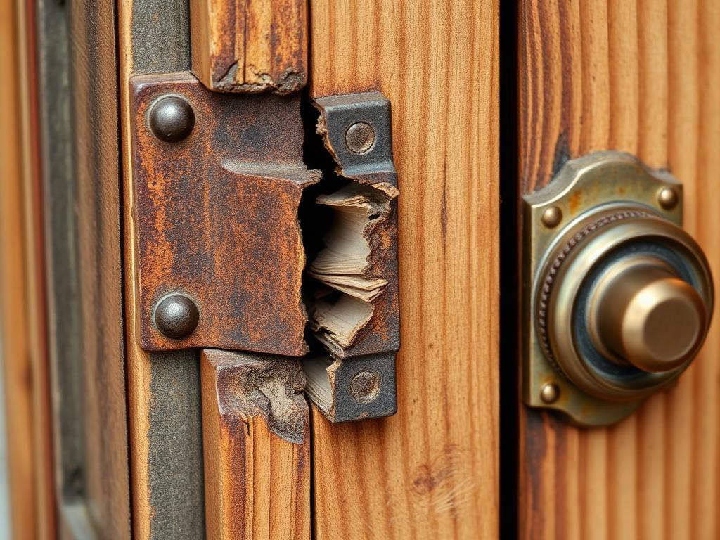 Before repair: a splintered door jamb with a rusted, torn strike plate beside a worn deadbolt