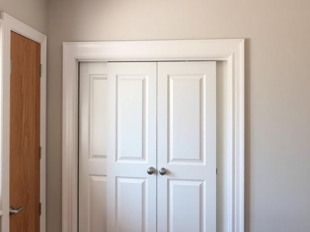 After repair: white bifold closet doors hanging square and closing flush inside the trimmed opening