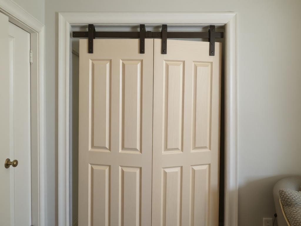 Before repair: bifold closet doors hanging unevenly and leaning out of their overhead track