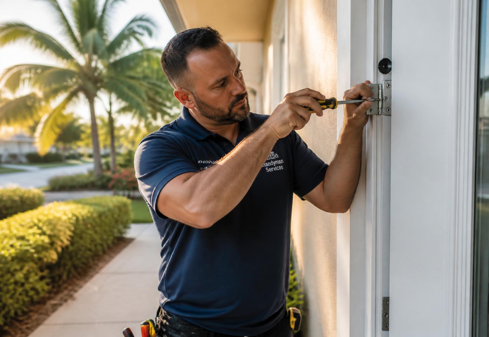 Dr. Handyman Service technician adjusting the hinge of a white exterior front door at a South Florida home